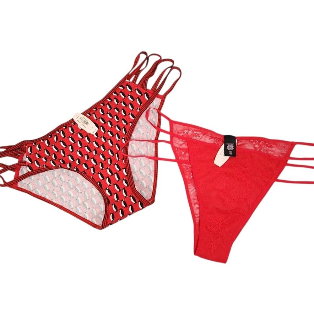 2 NEW VICTORIA'S SECRET VTG PANTIES RED STRAPPY LACE DOG 2000 ANIMAL SEXY SZ LG